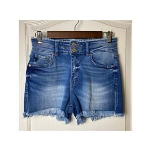 KanCan Blue Denim Double Button High Rise Raw Hem Shorts Women's Size Medium